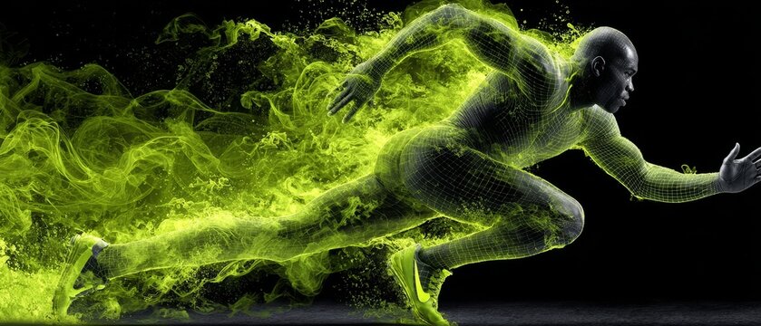 A muscular man sprints forward with vibrant green digital energy trails serving as a background representing futuristic.