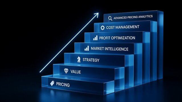 Transparent glass stairs display business growth stages with pricing value strategy market intelligence profit optimization cost management and advanced pricing analytics icons text.
