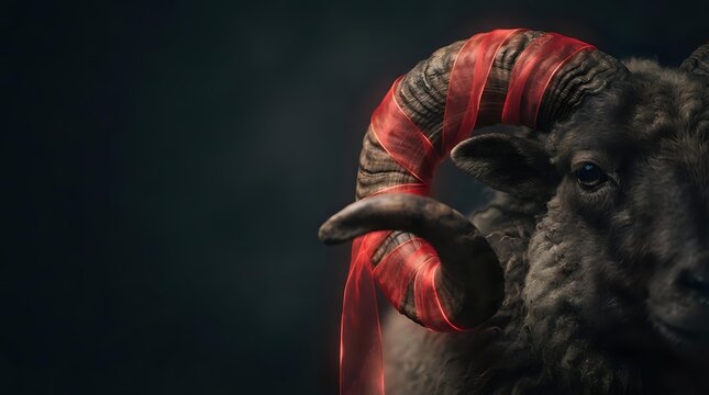 Closeup of male demon or devil character with curved red horns, dark fur, and menacing expression against black background for fantasy, horror, or theatrical projects.