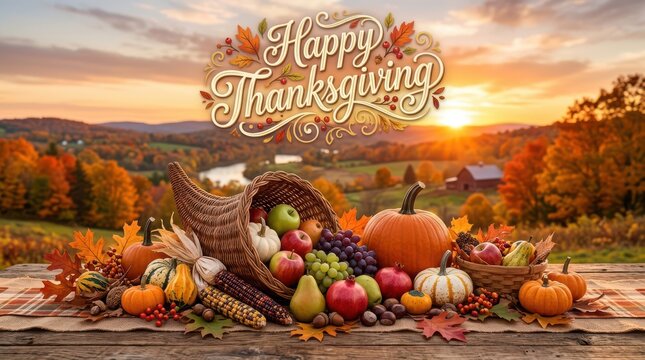 Happy Thanksgiving text over a cornucopia filled with harvest fruits and pumpkins at sunset