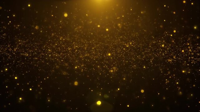 Fine golden dust drifts and settles downward through warm backlight, glowing softly against deep black with dreamy nostalgic atmosphere, delicate particle motion, and cinematic depth.