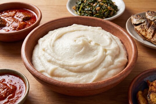 Traditional Angolan Funge Cassava Porridge Served with Savory Stews and Fried Fish on a Wooden Table