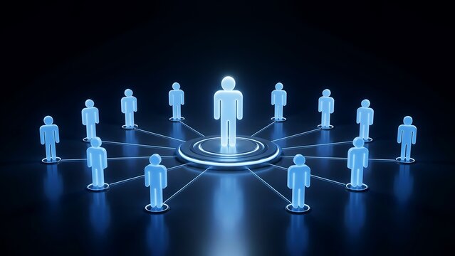 Luminous blue human figure icons connected by radial network lines illustrate centralized leadership and team coordination concepts within professional corporate structure settings.