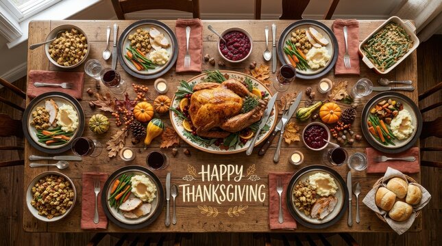 Roasted turkey dinner on a wooden table for a happy Thanksgiving holiday celebration