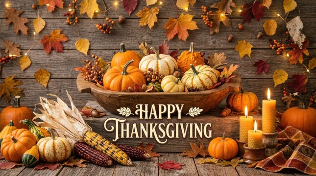 Happy Thanksgiving greeting card with pumpkins and autumn leaves on a rustic wooden table background