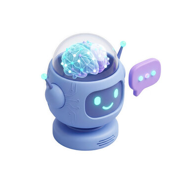 3d illustration of a cute robot head with a glowing brain inside and a speech bubble isolated on transparent background