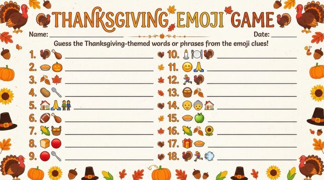 Thanksgiving emoji game worksheet with autumn leaves and turkey decorations for kids and family