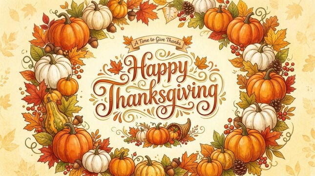 Happy Thanksgiving greeting card with decorative wreath of pumpkins and colorful autumn leaves