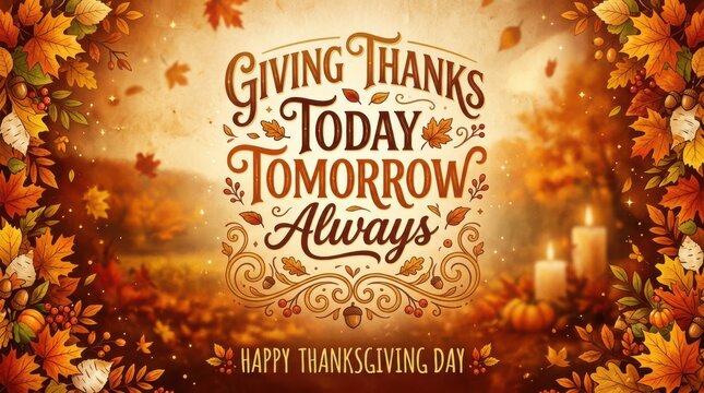 Giving Thanks Today Tomorrow Always quote with autumn leaves and candles for Thanksgiving holiday