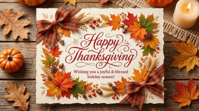 Happy Thanksgiving greeting card with colorful autumn leaves and rustic wooden table background