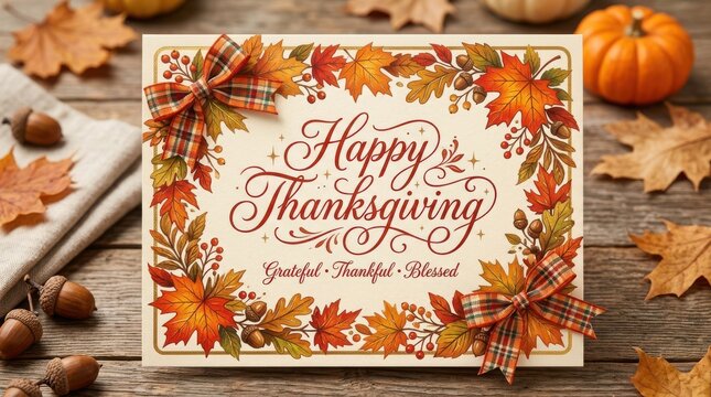 Happy Thanksgiving greeting card decorated with autumn leaves and pumpkins on a rustic wood table