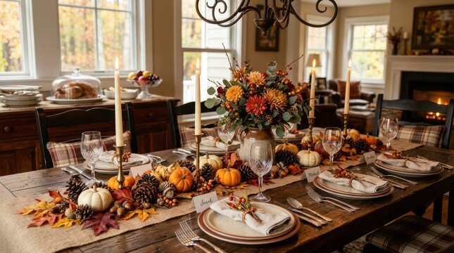 Beautiful autumn dining table setting with pumpkins candles and fall decorations in a cozy home