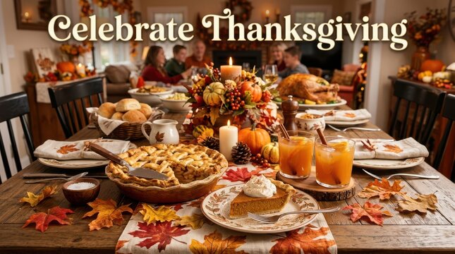 Festive Thanksgiving dinner table setting with delicious food and autumn decorations in a cozy home