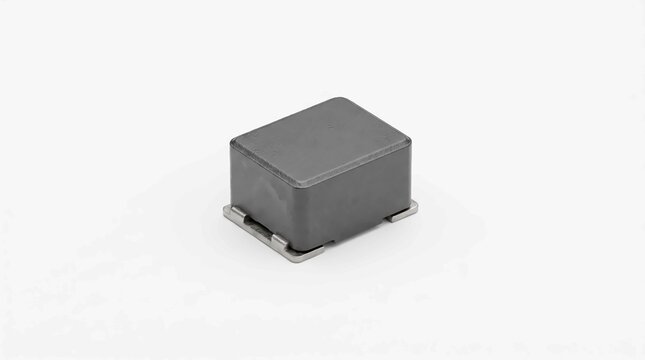 Surface mount electronic inductor component featuring a grey rectangular body and small metal terminals isolated against a clean white background