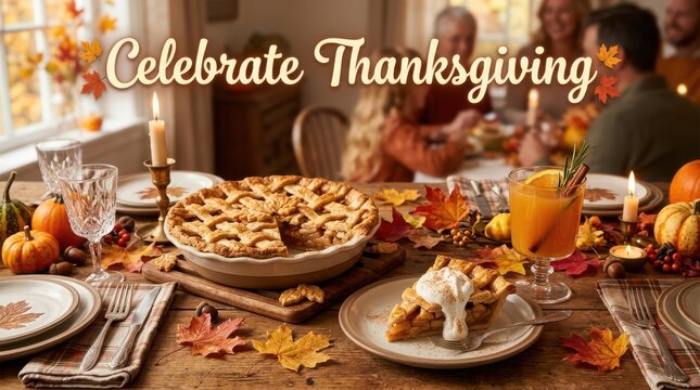 Thanksgiving dinner table with homemade pie and autumn leaves for a festive holiday celebration