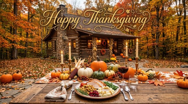 Happy Thanksgiving dinner table with roasted turkey and colorful pumpkins in a cozy autumn forest
