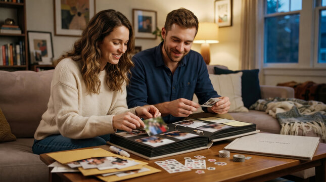 Happy young couple sitting comfortably on living room sofa, smiling as they look through and organize vintage photographs into physical scrapbook on coffee table.