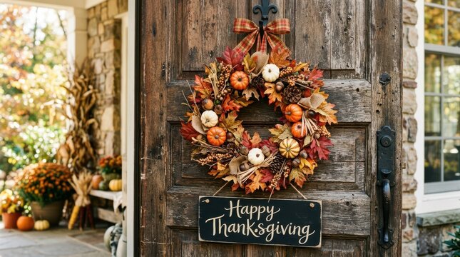 Decorative autumn wreath with fruits and Happy Thanksgiving sign hanging on a rustic wooden door