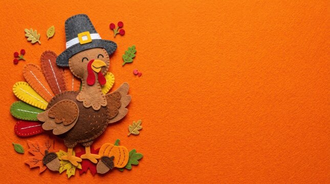 Cute felt turkey wearing a pilgrim hat with colorful autumn leaves and pumpkin on orange background