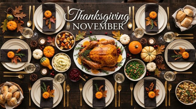 Thanksgiving dinner table with roasted turkey pumpkins and fall vegetables on a dark background