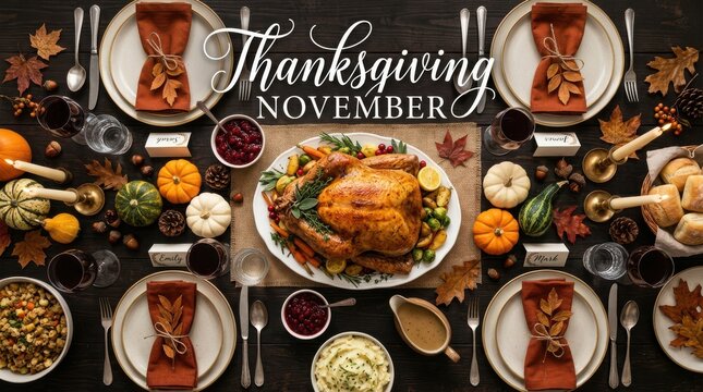 Thanksgiving dinner table with roasted turkey and autumn vegetables served on a dark rustic surface