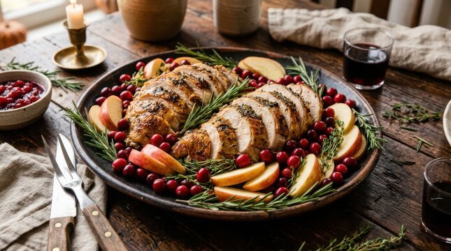 Roasted turkey breast dinner with fresh cranberries and rosemary served on a wooden dining table