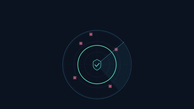 Cybersecurity antivirus radar scan animation with threat detection and secure shield protection for digital network safety video