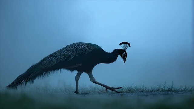 A lone peacock, silhouetted in a misty environment, walks calmly. Feathers and details defined