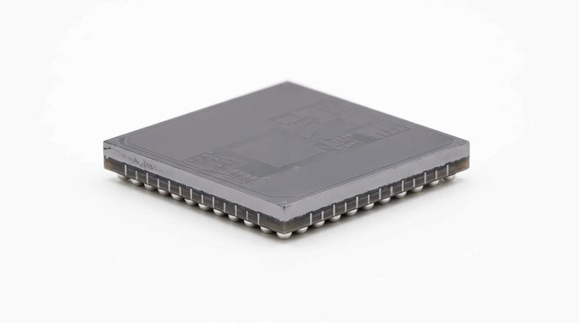 Microchip processor component featuring metallic surface and integrated circuitry patterns isolated on a clean white background for modern technology concepts