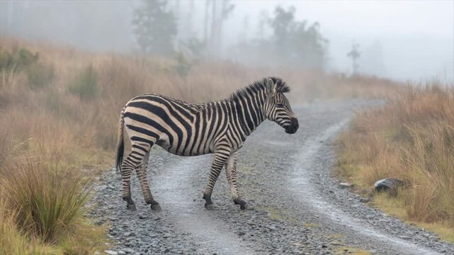 A solitary zebra crosses a gravel road in a misty, grassy landscape
