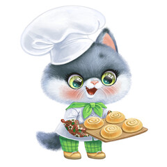Сute cartoon little kitten chef with pastries on a tray