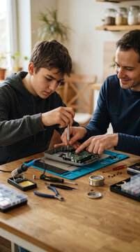Dedicated father and teenage son collaborate on educational electronics repair project, learning to fix circuit board together at home workbench with professional tools.