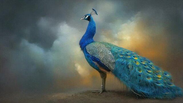 A regal peacock stands, vibrant blue plumage contrasting with a stormy, painterly sky