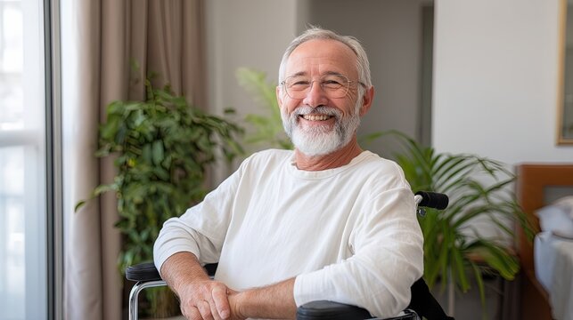Smiling portrait of a senior caucasian man in a wheelchair in a nursing home, unsplash 8k, real photo, photography