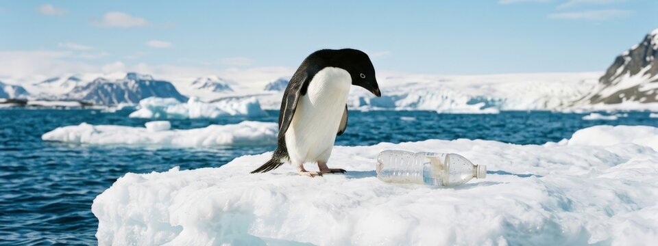 Adelie Penguin and Plastic Bottle on Iceberg in Antarctica
