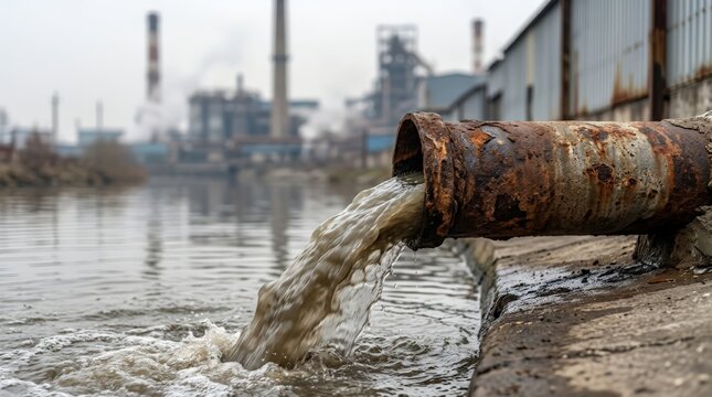 Industrial pipe discharging polluted water into a river