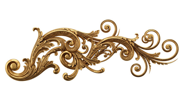 Vintage gold baroque scroll ornament, ornate brass floral filigree element, antique metallic architectural carving for luxury branding isolated PNG with Transparent Background