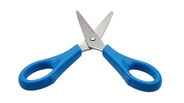 Pair of blue plastic handle scissors for crafting and school