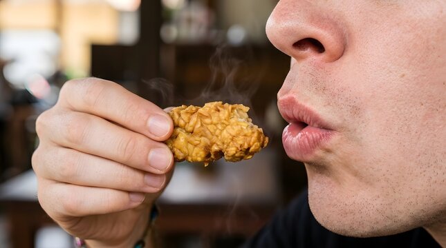 A piece of golden-fried tempeh is held close before being eaten.