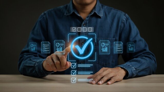 Digital checklist interface with checkmark icons used by businessman for project evaluation and quality standard control within modern enterprise management system software tools.