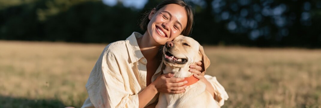 Woman embracing labrador dog with joyful smile in a sunny meadow for pet lifestyle banner and companionship background
