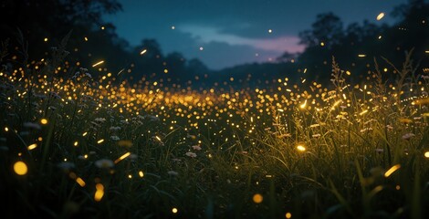 Fototapeta premium Fireflies glow in meadow at dusk. Tiny lights float over grass and wildflowers. Enchanted nature scene with magical ambiance under dim twilight sky.