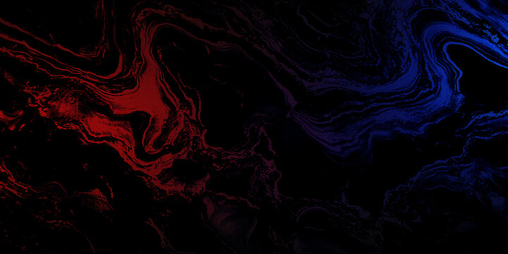 Black marble texture with red and blue paint swirl for edgy artistic background design.