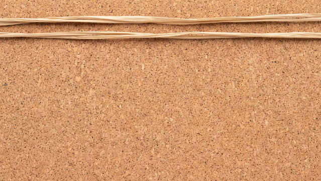 Two horizontal raffia strings on a blank natural corkboard background with copy space