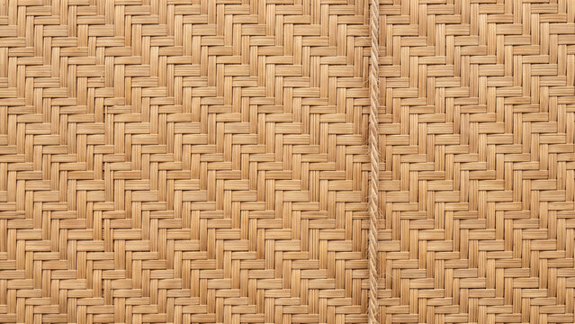 Vertical jute twine string on a woven bamboo mat texture background with copy space