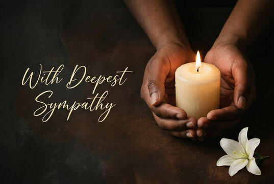 With deepest sympathy horizontal condolence card design with hands holding a candle and white lily for memorial banner and funeral layout