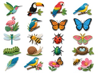 Obraz premium Tropical Spring Birds and Insects Papercut Icon Set with Butterflies and Pollinators