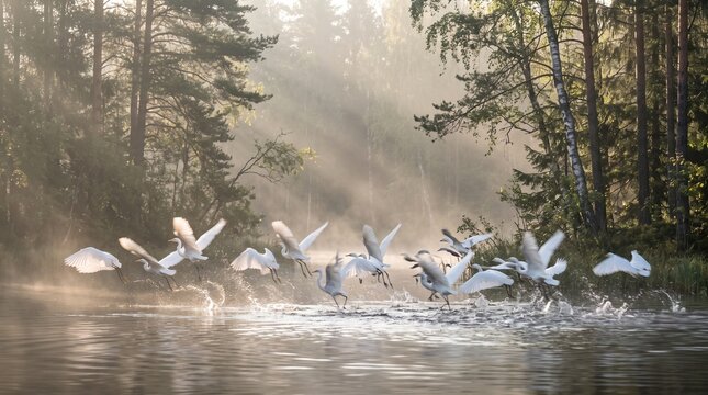 White Egrets Taking Off Over Misty Lake at Sunrise