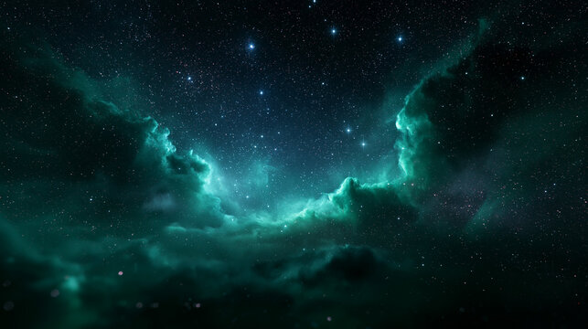 Glowing Green Nebula in Deep Space with Starry Sky