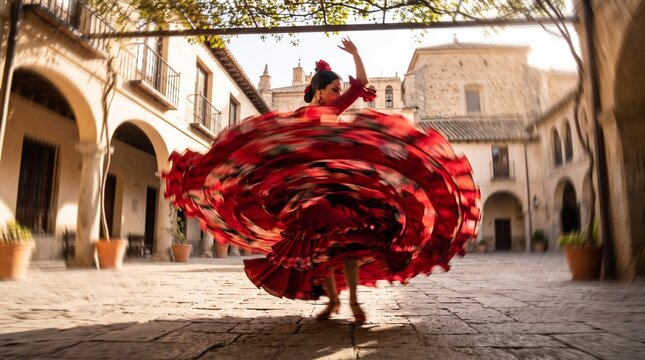 Flamenco Dancer Swirling in Red Dress in Spanish Courtyard
